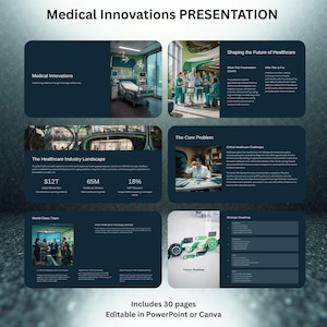 Puede incluir: Una presentación titulada "Medical Innovations PRESENTATION" con varias diapositivas. Las diapositivas cubren temas como innovaciones médicas, el panorama de la industria de la salud, la configuración del futuro de la atención médica y el problema central. La presentación incluye 30 páginas y es editable en PowerPoint o Canva.
