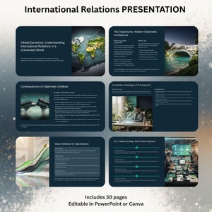 May include: A presentation titled "International Relations PRESENTATION" with several slides. The slides cover topics like global dynamics, diplomatic architecture, and market strategy. The presentation includes 30 pages and is editable in PowerPoint or Canva.
