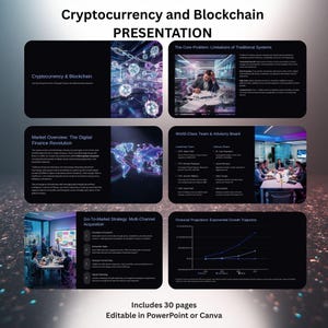 Puede incluir: Una presentación digital sobre criptomonedas y blockchain, con varias diapositivas que muestran texto y gráficos. Los temas incluyen una descripción general del mercado, una estrategia de adquisición multicanal y proyecciones financieras. La presentación tiene 30 páginas y es editable en PowerPoint o Canva.
