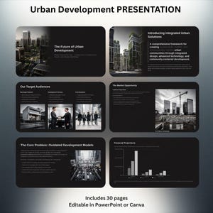 May include: A presentation on urban development with the title "Urban Development PRESENTATION." The presentation includes slides on urban solutions, target audiences, market opportunities, and financial projections. The presentation is editable in PowerPoint or Canva and includes 30 pages.