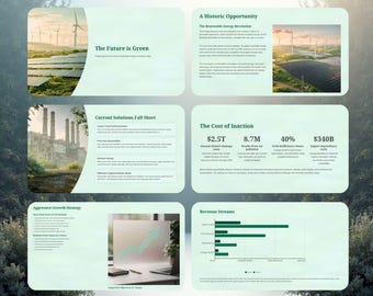 グリーンエネルギープレゼンテーションテンプレート 再生可能エネルギーピッチデッキ Canva 持続可能性とクリーンエネルギースライド ビジネス戦略 30スライド