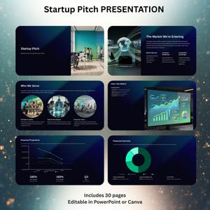May include: A digital presentation template with the title "Startup Pitch PRESENTATION". The slides feature business-related graphics, charts, and text. The presentation includes the text "Includes 30 pages" and "Editable in PowerPoint or Canva".