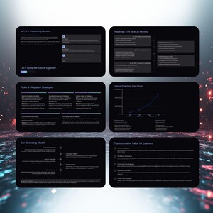Op de afbeelding: Een donkere, digitale afbeelding met zes rechthoekige panelen. De panelen bevatten tekst en grafieken met betrekking tot onderwijs en bedrijfsstrategie. De zin "Let's build the future together" is zichtbaar. Het algemene thema is business en onderwijs.