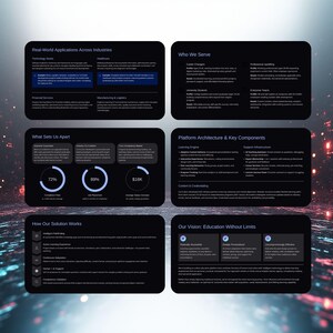 Op de afbeelding: Een donkere, digitale afbeelding met tekst en datavisualisaties. Secties zijn onder meer "Real-World Applications Across Industries", "Who We Serve", "What Sets Us Apart", "Platform Architecture & Key Components", "How Our Solution Works" en "Our Vision: Education Without Limits".