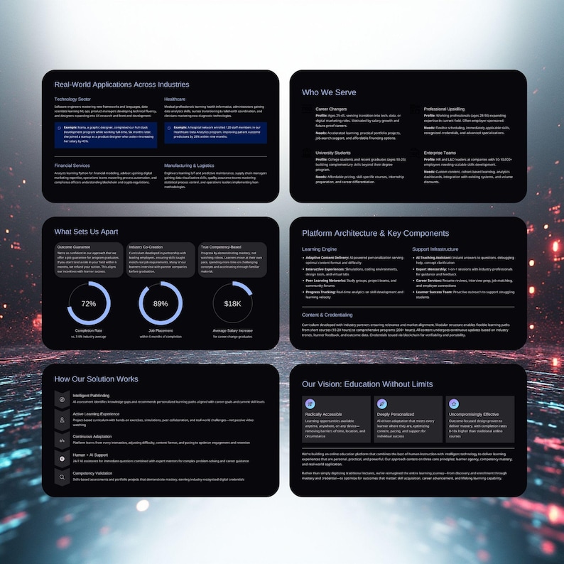 Op de afbeelding: Een donkere, digitale afbeelding met tekst en datavisualisaties. Secties zijn onder meer "Real-World Applications Across Industries", "Who We Serve", "What Sets Us Apart", "Platform Architecture & Key Components", "How Our Solution Works" en "Our Vision: Education Without Limits".