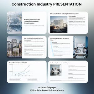 May include: A presentation titled "Construction Industry PRESENTATION" with multiple slides. The slides cover topics like industry transformation, inefficiency crisis, real-world applications, operating models, financial projections, and team expertise. The presentation is editable in PowerPoint or Canva.