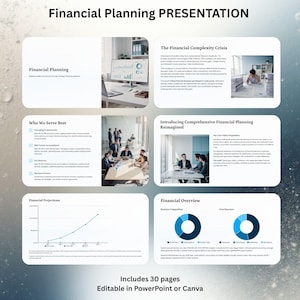 May include: A presentation template titled "Financial Planning PRESENTATION" with multiple sections. The sections include "Financial Planning", "Who We Serve Best", "Financial Projections", "The Financial Complexity Crisis", "Introducing Comprehensive Financial Planning Reimagined", and "Financial Overview". The template includes 30 pages and is editable in PowerPoint or Canva.