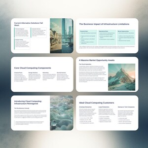 May include: An infographic with white rectangular panels on a blue gradient background. The panels contain text and images about cloud computing, including "The Business Impact of Infrastructure Limitations" and "Ideal Cloud Computing Customers."