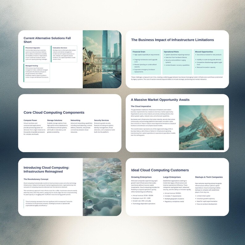 May include: An infographic with white rectangular panels on a blue gradient background. The panels contain text and images about cloud computing, including "The Business Impact of Infrastructure Limitations" and "Ideal Cloud Computing Customers."