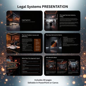 May include: A presentation titled "Legal Systems PRESENTATION" with several slides. The slides cover topics such as "Legal Systems," "The Legal Services Industry Today," and "The Core Problem: Access and Efficiency." The presentation includes 30 pages and is editable in PowerPoint or Canva.
