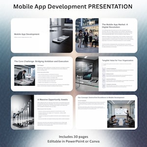 May include: A presentation titled "Mobile App Development PRESENTATION" with multiple slides. The slides include text and images about mobile app development, market, challenges, and opportunities. The presentation is editable in PowerPoint or Canva and includes 30 pages.