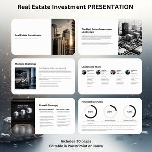 Pode incluir: Uma apresentação intitulada "Real Estate Investment PRESENTATION" com seções como "The Real Estate Investment Landscape", "The Core Challenge" e "Financial Overview". O baralho é editável no PowerPoint ou Canva e inclui 30 páginas.