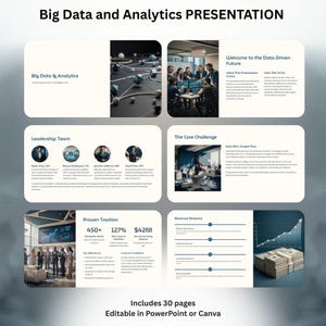 Pode incluir: Uma apresentação intitulada "Big Data and Analytics PRESENTATION" com vários slides. Os slides incluem texto, gráficos e imagens de pessoas. A apresentação é editável no PowerPoint ou Canva e inclui 30 páginas.