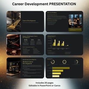 May include: A presentation template titled "Career Development PRESENTATION" with a dark theme. The slides include text, charts, and graphs. The presentation is editable in PowerPoint or Canva and includes 30 pages.