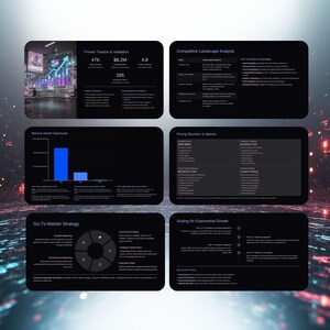 Op de afbeelding: Een digitale presentatie met zes zwarte rechthoekige panelen. De panelen tonen datavisualisaties, grafieken en tekst met betrekking tot bedrijfsstrategie, marktanalyse en financi&euml;le projecties. De tekst "Proven Traction & Validation" is opgenomen.