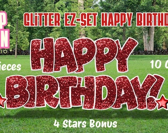GLITTER EZ-SET Happy Birthday with Bonus Stars! | 5 Easy pieces | Easy Set up | Happy Birthday Yard Signs |