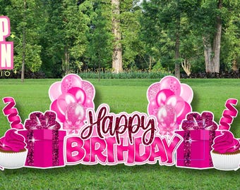 Pink Glitter Happy Birthday Yard Sign: Party Lawn Decorations, Happy Birthday Party Props, Happy Birthday Yard Card.
