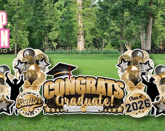 Congrats Graduate Sign, Graduation Yard Card Display, GOLD & BLACK Flair Yard Cards- 18pc Party Signs
