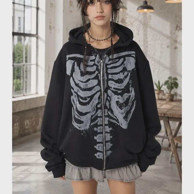Y2k Grunge Skeleton Skull Zip up Hoodie - Etsy UK