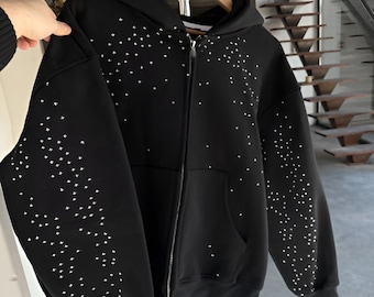 Sudadera con capucha y cremallera Black Star, estilo streetwear Y2K.