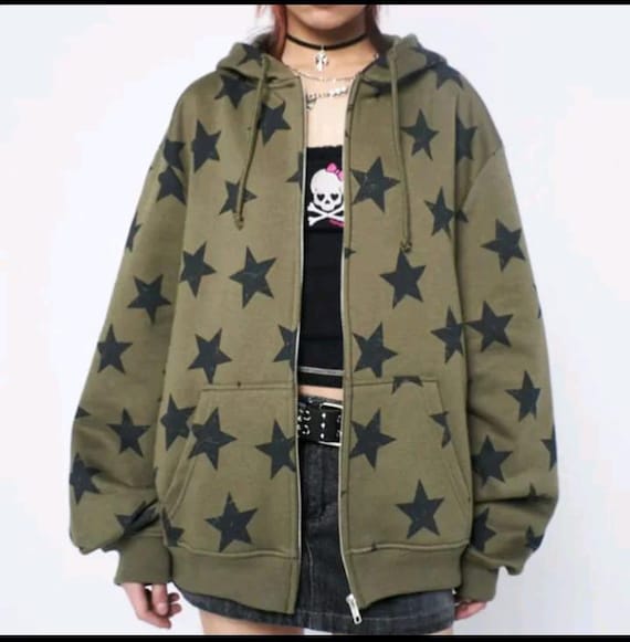 Star Graphic Zip up Hoodie, Y2K Reflective Streetwear – 33% OFF