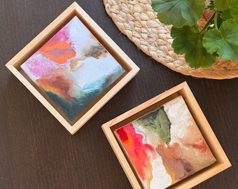 Abstract Floral Painting, Impressionist Inspired Art, Small Original Artwork, Pink Orange Wall Art, 15x15 cm