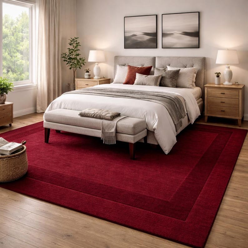 Luxury Red Area Rug | Modern Border, Plush Carpet - Etsy
