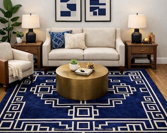 Hand Tufted Wool Area Rug, Modern Geometric Navy Blue and Ivory