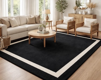 Modern svart och elfenbensvit ullmatta – minimalistisk kantdesign, handgjord lyxig matta för vardagsrum, sovrum och matsal
