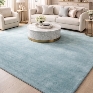Könnte beinhalten: Ein großer, rechteckiger, hellblauer Teppich in einem Wohnzimmer. Der Teppich liegt auf einem Holzboden und ist von cremefarbenen Möbeln umgeben, darunter ein Sofa, Sessel und ein Couchtisch.