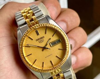 Vintage Seiko 5 Automatic Gold Dial Day-Date Two Tone Jubilee Bracelet Mens Watch