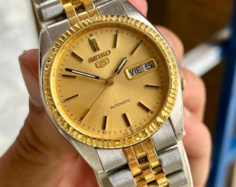 Vintage Seiko 5 Automatic Gold Dial Day-Date Two Tone Jubilee Bracelet Mens Watch