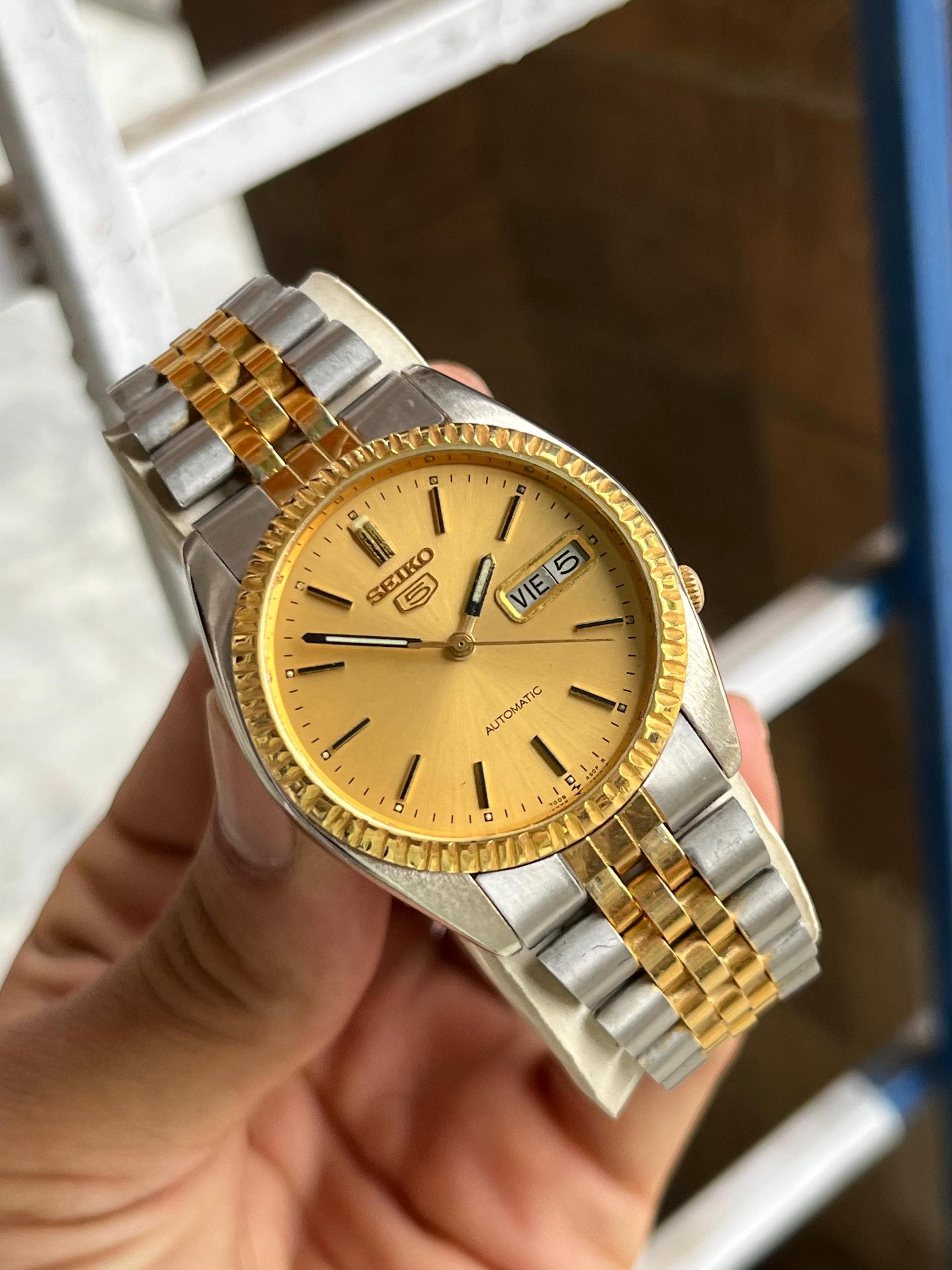 Vintage Seiko 5 Automatic Gold Dial Day-date Two Tone Jubilee