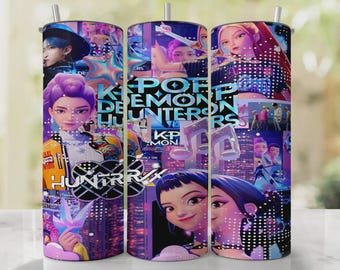 K-Pop Demon Hunters 20oz Skinny Tumbler Wraps | Huntrix Rumi Zoey Mira PNG Digital Wraps | Anime Kpop Inspired Tumbler Designs | Saja Boys