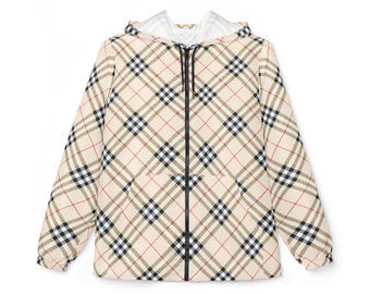 Giacca a vento unisex minimalista a quadri neutri: moderna giacca a guscio con cappuccio e stampa integrale.