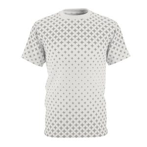 May include: White t-shirt featuring a repeating pattern of grey starburst shapes. The pattern covers the entire shirt, including the sleeves and the front and back. The shirt has a crew neck and short sleeves.