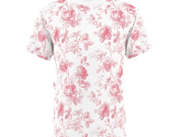 Romantic Rose Pattern Unisex T Shirt, Pink White Floral  All Over Print