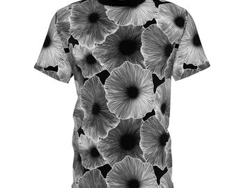 Maglietta unisex floreale nera con stampa integrale, maglietta grafica monocromatica, maglietta moderna e minimalista
