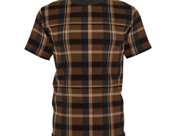 Dark Brown Oxford Unisex Plaid T Shirt, Rich Dark Caramel Check Pattern Tee