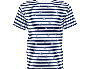 Navy & White Stripe Anchor Unisex T Shirt, Spring Summer Coastal All Over Print