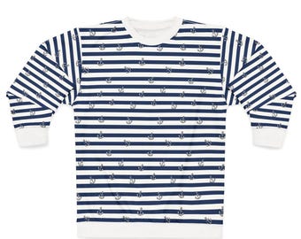 Navy White Stripe Anchor Unisex Long Sleeve Shirt, Spring Summer Coastal All Over Print