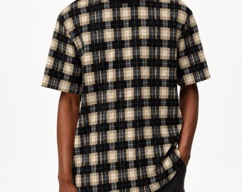 Men Contrast Color Block T Shirt, Oxford Check Black beige Relax Fit Streetwear