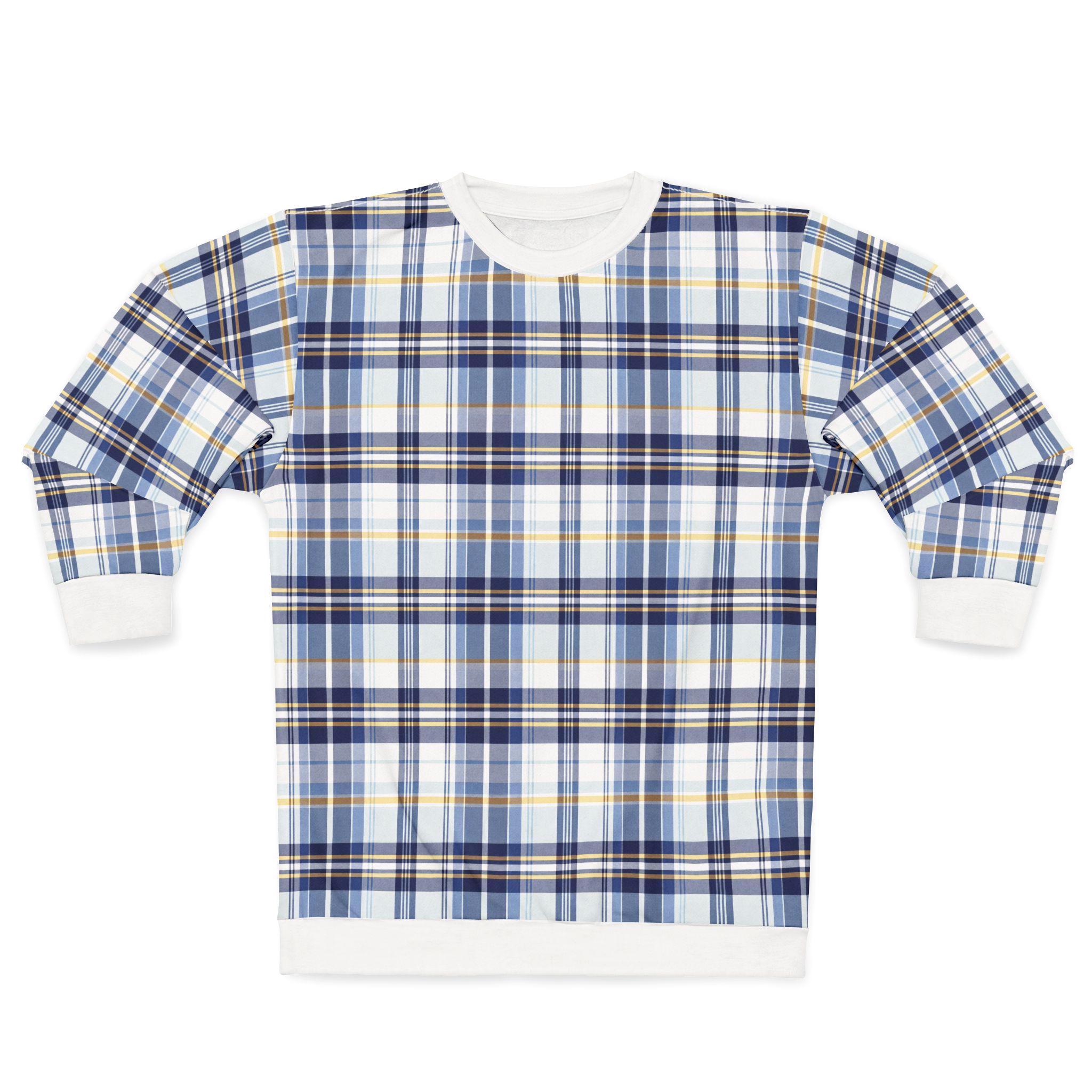 Blue White Plaid Sweatshirt, Modern Checkered Casual Streetwear