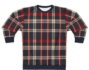 Camicia unisex a maniche lunghe con motivo scozzese rosso blu navy, stampa tartan festiva su tutta la superficie