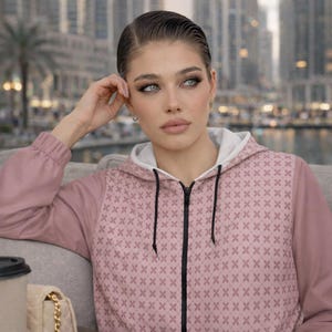 Può includere: Una felpa con cappuccio rosa chiaro con cappuccio foderato bianco e un motivo di piccole croci ripetute. La giacca ha una cerniera nera ed è indossata da una persona.