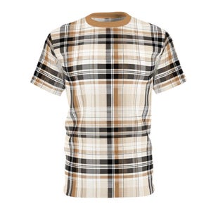 May include: A short-sleeved t-shirt with a plaid pattern in shades of brown, black, and white. The shirt has a brown collar and a classic, casual design. The plaid pattern is a repeating grid of intersecting lines.