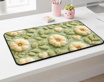 Alfombrilla de escritorio de peluche kawaii, alfombrilla para ordenador verde pastel, regalo de decoración para habitación infantil con diseño de corazón floral.