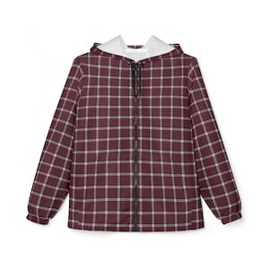 May include: A burgundy plaid jacket with a full-length black zipper and a white-lined hood. The jacket features a classic plaid pattern in burgundy, cream, and black. The sleeves have elastic cuffs. This outerwear is suitable for various weather conditions.