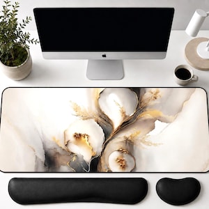 Gray Gold Marble Desk Mat, Artistic Computer Pad, Swirly Office Décor