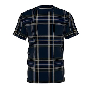 Black Blue Plaid T Shirt, Dark Preppy Checkered Relax Fit Tee